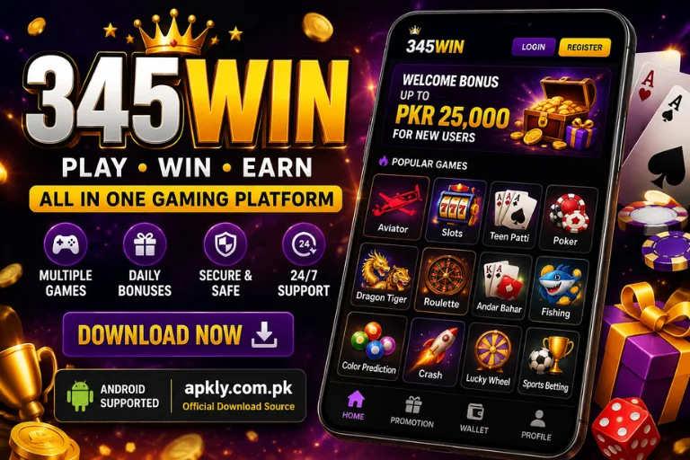345Win Game promotional banner featuring an Android smartphone displaying the gaming app interface with slots, Aviator, Teen Patti, Dragon Tiger, Roulette, Poker, daily bonuses, secure login, and download button on a vibrant casino-themed background.