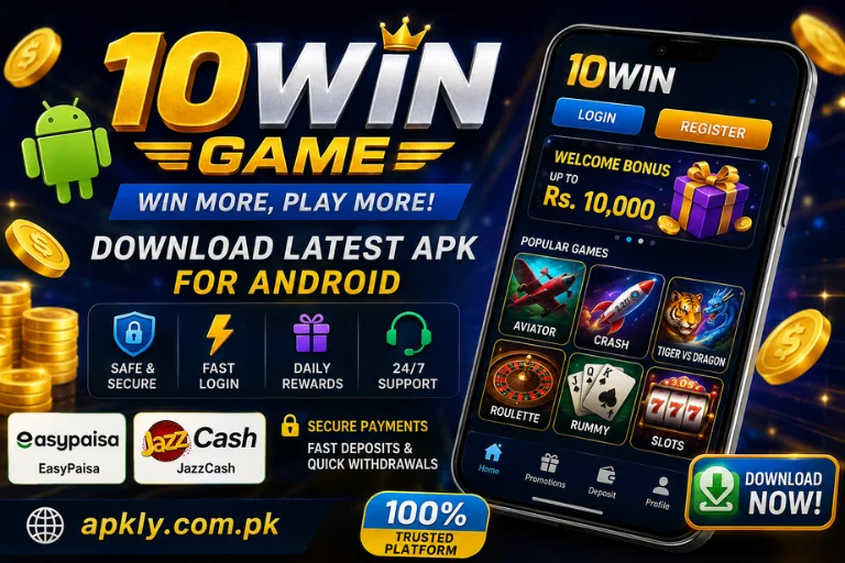 10Win Game APK featuring an Android smartphone, download button, welcome bonus, popular game icons, secure payment options, JazzCash and Easypaisa support, gold coins, and Android download branding.