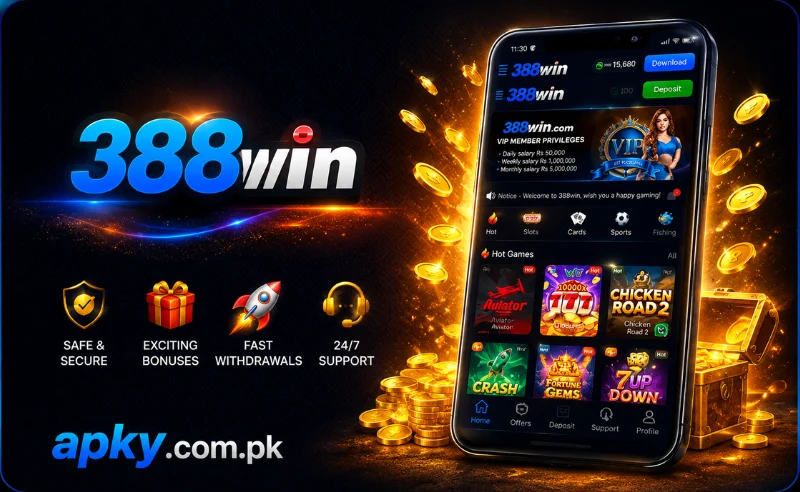 388Win Game APK featured image showing the 388Win app on a smartphone with gaming options, bonus icons and gold coins.