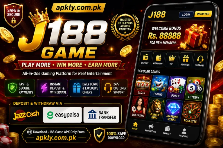 J188 Game promotional banner showing APK download, mobile gaming interface, secure login, deposit and withdrawal options, multiple game categories.