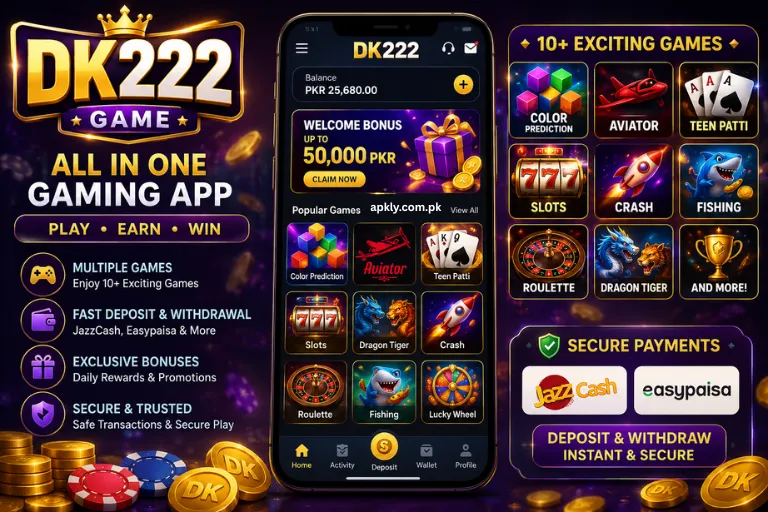 DK222 Game Download APK promotional banner showing a mobile gaming app with casino games, welcome bonus, JazzCash, Easypaisa, and secure deposit and withdrawal options.