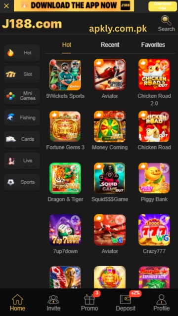J188 Game home screen displaying a dark-themed mobile interface with popular games, including sports, slots, fishing, cards, live games, mini games, and wallet navigation options.