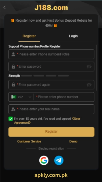 J188 Game registration screen showing account sign-up form with phone number, password fields, referral options, age confirmation checkbox, and register button on a dark-themed mobile interface.
