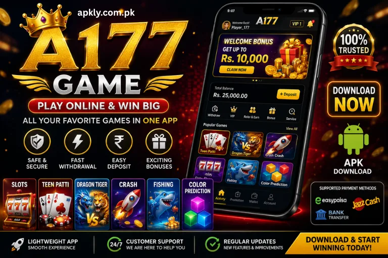 A177 Game APK download promotional banner showing the latest Android app with bonus offers, slot games, Teen Patti, Dragon Tiger, Crash, Fishing, Color Prediction, secure payment methods,
