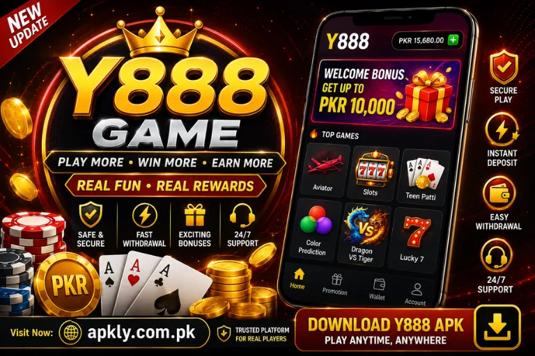 Y888 Game promotional banner showing a mobile gaming app, popular casino games, bonus offers and rewards.
