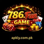 786Fun Game logo with golden text, poker chips, dice, playing cards, and coins on a dark background