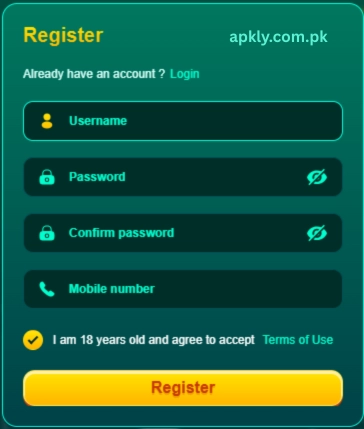 ER888 Game registration screen with fields for username, password, mobile number, and a Register button for creating a new account.