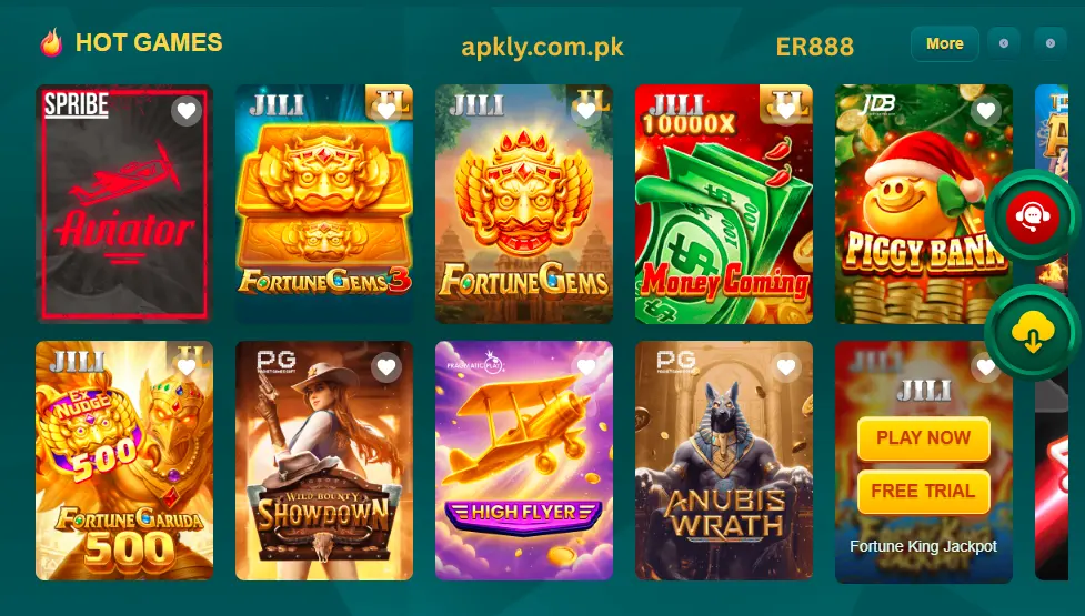 ER888 Game home screen displaying popular casino-style games, including Aviator, Fortune Gems, Piggy Bank, High Flyer, and Anubis Wrath, with a Play Now button for Pakistani users.