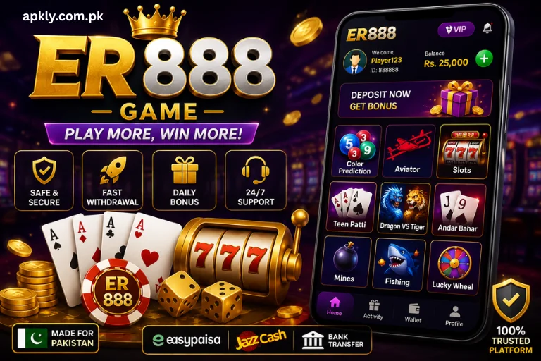 ER888 Game promotional banner showing a mobile gaming app interface with casino-style games, slots, Teen Patti, Aviator, Color Prediction, and JazzCash & Easypaisa payment options for Pakistani users.
