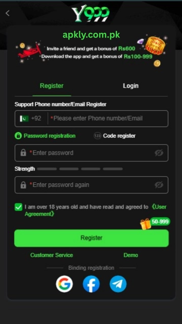 Y999 Game registration screen displaying the sign-up form with Pakistan mobile number input, password fields, and register button for creating a new account.