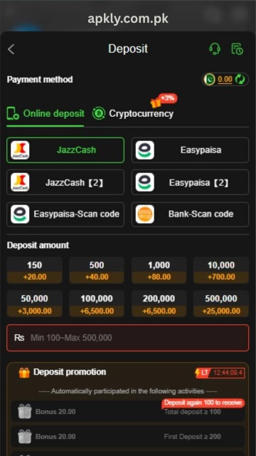 Y999 Game deposit page showing JazzCash, Easypaisa & Bank payment option, recharge amount selection, and secure deposit interface for Pakistani players.