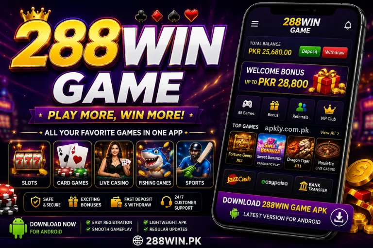 288win Game promotional image featuring the 288WIN GAME logo, Android APK download, mobile gaming interface, slots, card games, live casino, fishing games, sports, bonuses, referrals, and payment options.