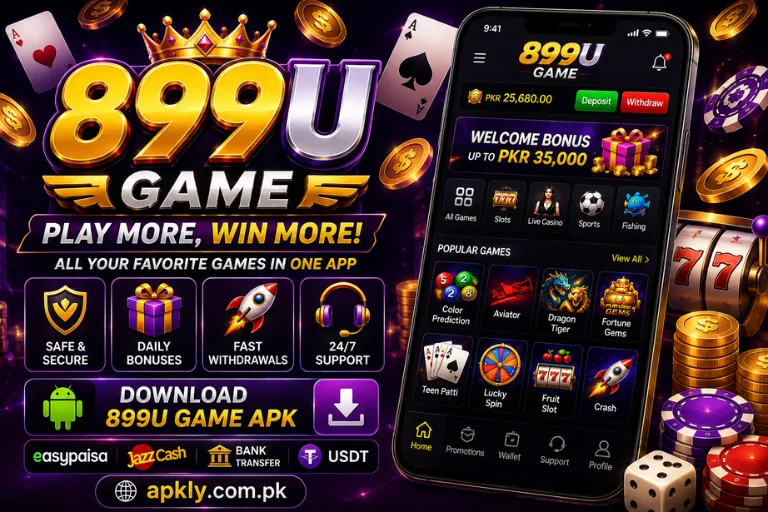 899 U Game promotional banner featuring a smartphone gaming interface, colorful game categories, welcome bonus, payment options and download section.