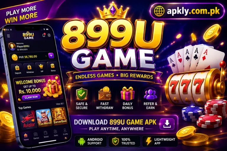 899U Game promotional banner featuring a mobile gaming app interface, casino games, rewards, bonuses, fast withdrawals, referral and features.