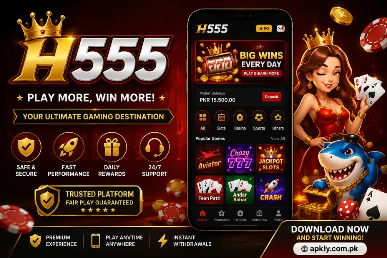 H555 Game casino platform featuring multiple games, VIP rewards, mobile access, and a promotional download banner.
