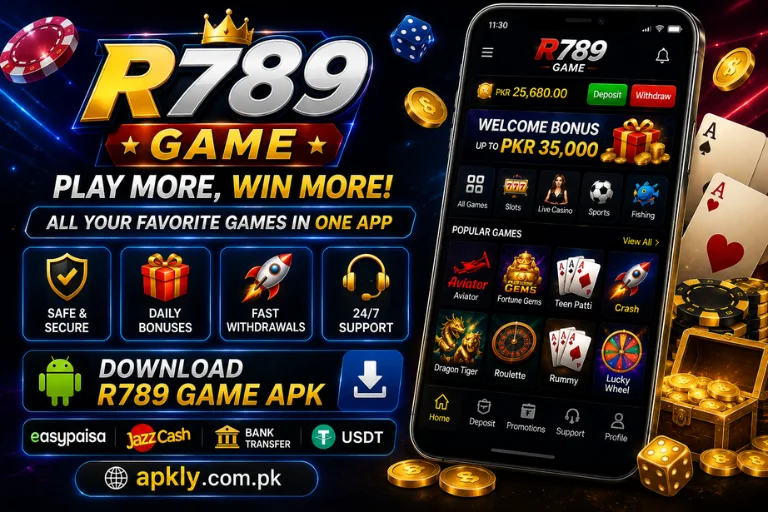 R789 Game APK promotional banner showing a smartphone gaming interface with slots, live casino, sports, fishing, card games, bonuses and payment options.