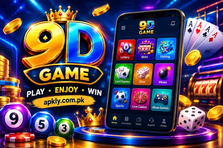 9D Game promotional banner showing a colorful gaming interface on a smartphone with lottery, slots, fishing, card games, dice, sports, and live casino options,