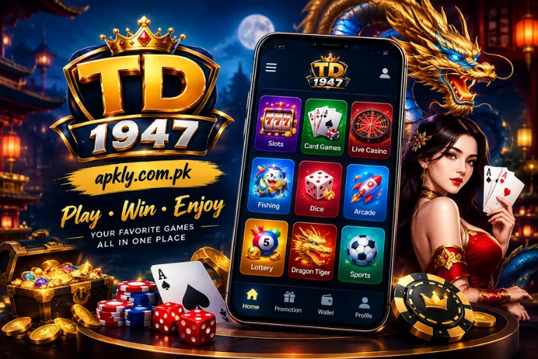 TD1947 Game promotional image featuring a smartphone gaming interface, casino-style games, golden dragon, cards, chips & dice,